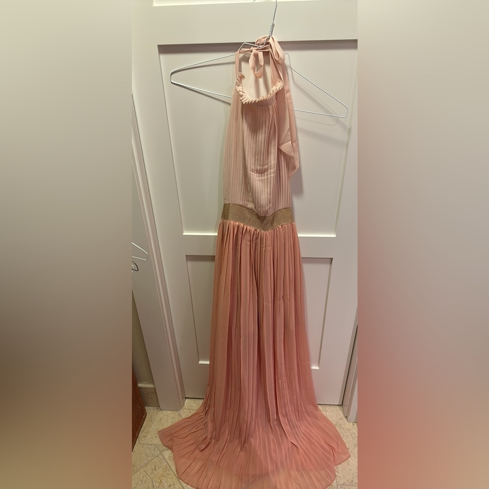 Blush pink pleated open back maxi halter dress